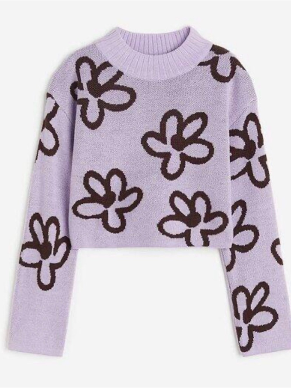 H&M Lavender Cropped Crewneck Sweater with Dark Floral Motif